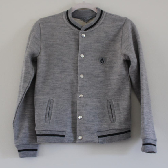 NWT Bonpoint Boys Gray Wool Cardigan Bomber Jacket Snap Front 12 - Picture 1 of 8